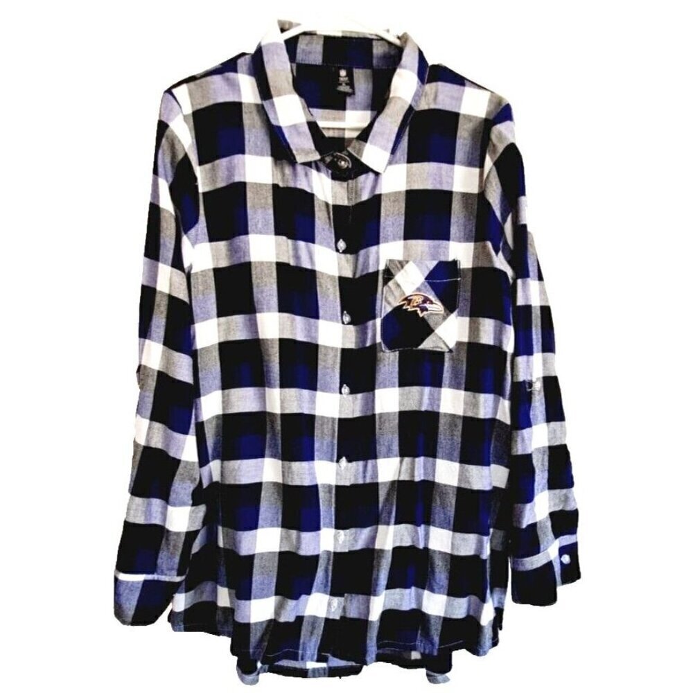 NFL Team Women XL Baltimore Ravens Purple Plaid Button Up Flannel Sleep Shirt